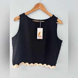 NWT Pretty Garden Top Black Sleeveless with Cream Trim Boho Chic L